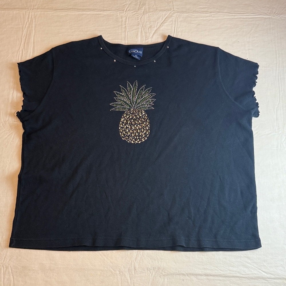 Las Olas Women's Black Crewneck Short Sleeve T-Shirt Pineapple Crystal Detail 2X